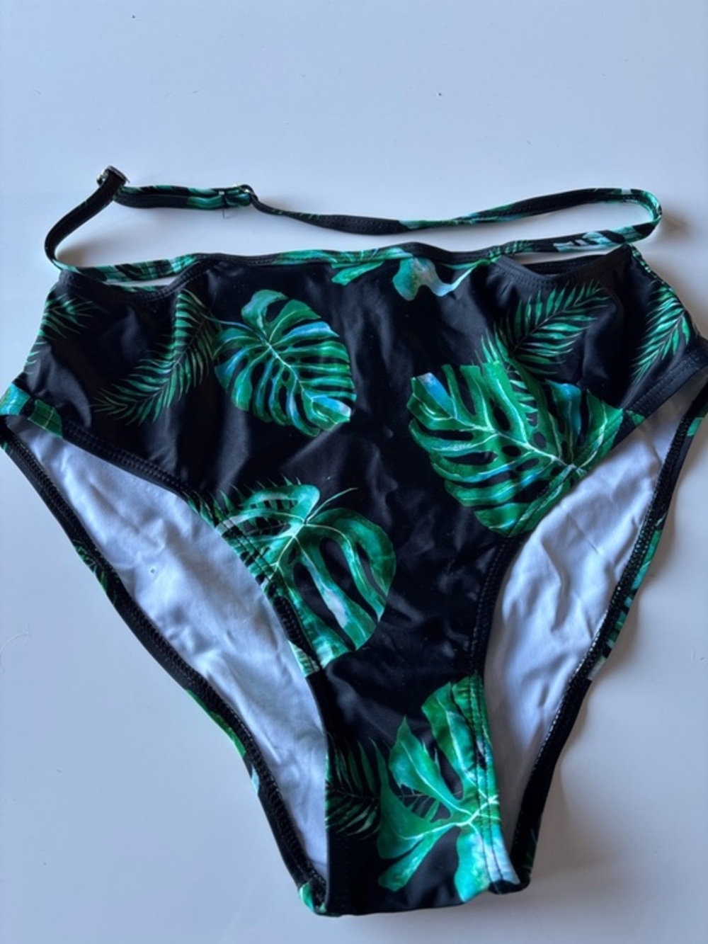 Tropical Leaf High Waist Bikini Bottom - Black & Green